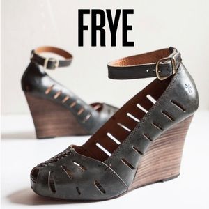 Frye Dark Green Gwen Ankle Strap Wedge Platforms